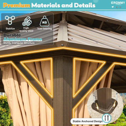 12x16 Hardtop Gazebo with Aluminum Frame, Galvanized Steel Roof, Netting & Curtains for Patio, Lawn, Deck