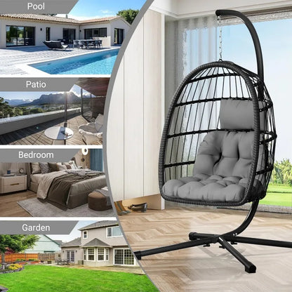 Egg Chair with Stand, Patio Rattan, Wicker, Hanging, Swing, Hammock Chair for Bedroom, Porch, Garden, Thickened Aluminum Alloy