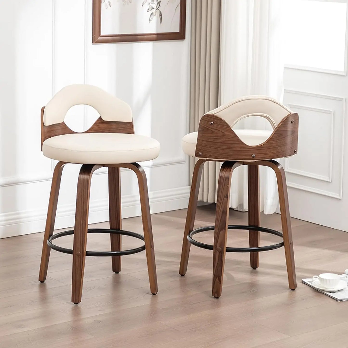 26" Swivel Bar Stools Set of 2,Mid Century Modern Beige Faux Leather Barstools, Wood Counter Height Bar Chairs with Low Back