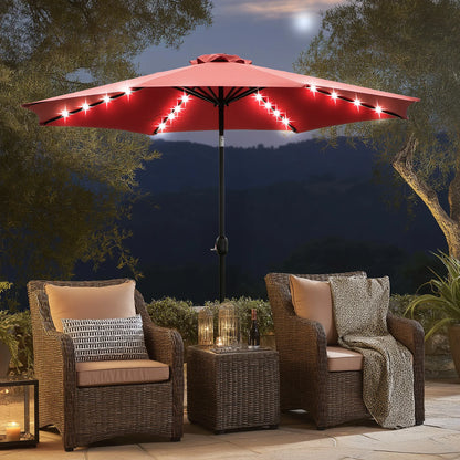 10FT Solar Patio Umbrella with 32 LED Lights UV-Resistant Outdoor Table Umbrella with Tilt and Crank