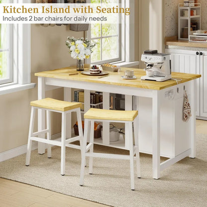 Stationary Kitchen Island with 2 Bar Stools & Power Outlet, 47" Solid Rubberwood Top Farmhouse Coffee Bar with Trash Can Cabinet