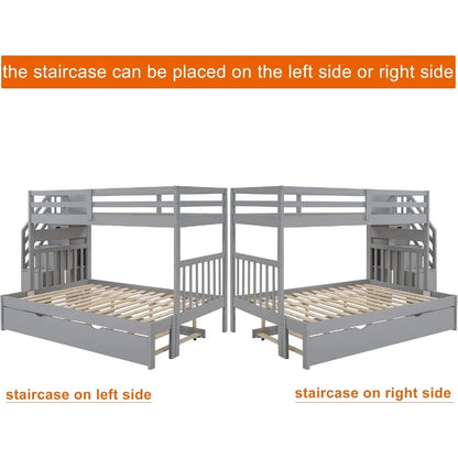 Stairway Twin Over Twin/Full Bunk Bed with Twin Size Trundle and Drawers, Solid Wood Bunk Bed, Staircase