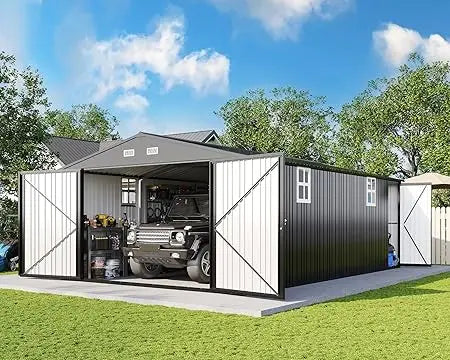 13.2x21x8 FT Outdoor Metal Garage Shed, Extra Large Storage Shed with Double Hinged Doors, 4 Windows, Carport