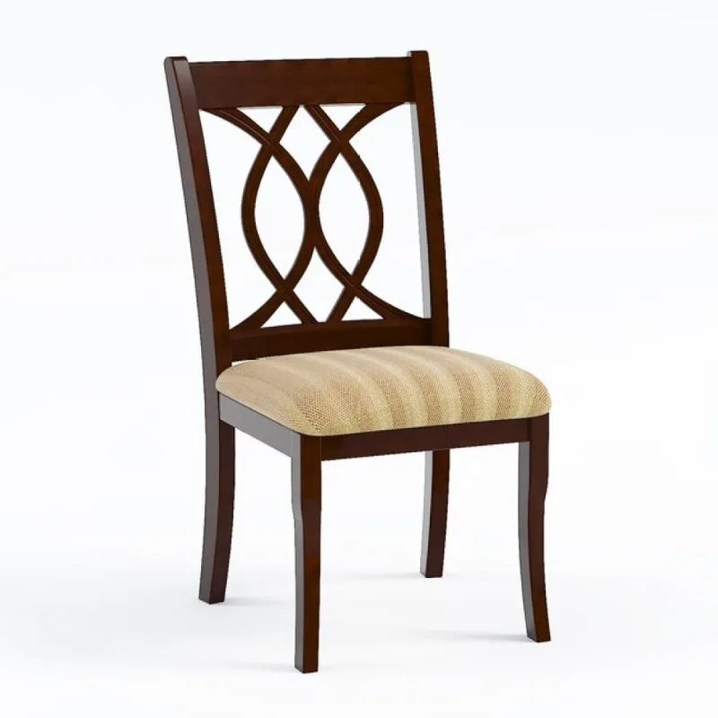 Dark Brown Wooden Dining Chair with Lattice Backrest Beige Fabric Seat Classic Style Dining Room Furniture for Home