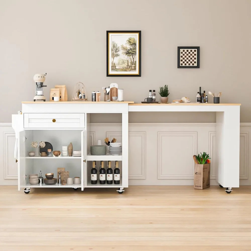 81.5" Extendable Kitchen Island with Dining Table, Rolling Cart with Wheels, Spice Rack, Drawer & Cabinet