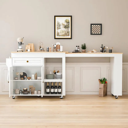 81.5" Extendable Kitchen Island with Dining Table, Rolling Cart with Wheels, Spice Rack, Drawer & Cabinet