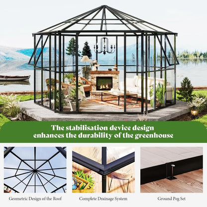 12x10x8 FT Hexagonal, Polycarbonate Greenhouse for Outdoors, Quick-Connect Assembly, Aluminum Frame with Ventilation