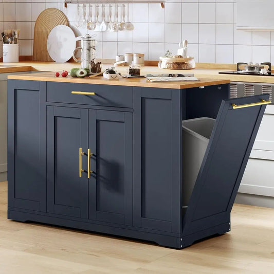 53 inch Large Rolling Kitchen Island with Trash Can Storage Cabinet, Portable Mobile Islands Table  Movable w Wheels