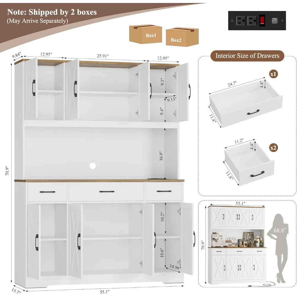 71" Tall Kitchen Pantry Storage Cabinet with Charging Station, 55" Wide Kitchen Hutch  , Farmhouse style