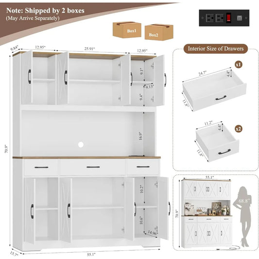71" Tall Kitchen Pantry Storage Cabinet with Charging Station, 55" Wide Kitchen Hutch  , Farmhouse style