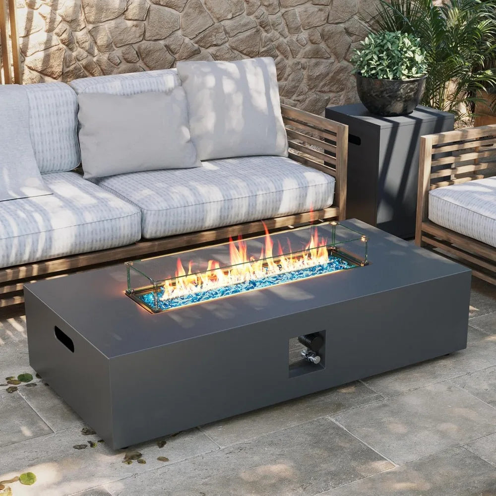 56-inch Outdoor Propane Gas Fire Pit Table 50000 BTU Iron Rectangle Firepit for Outside Patio with Tank Hidden Table, Wind Guard