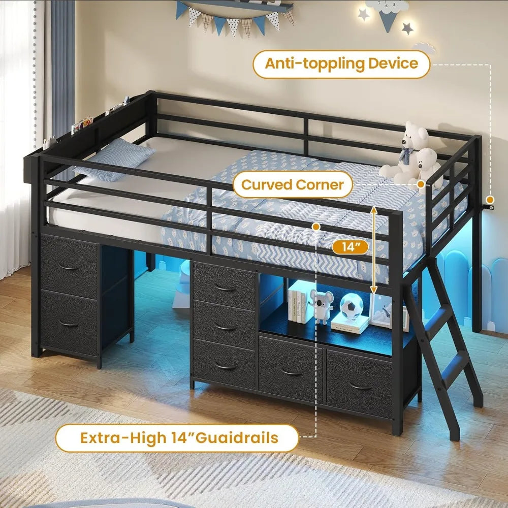 Low, Loft Bed Twin Size with 7 Storage Drawers, Bookcase and LED Lights, Metal Kids Loft Bed with 14" H Safety Guardrail, Incline Ladder