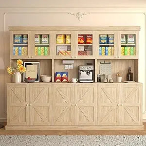 71" Farmhouse Kitchen Pantry Cabinet Set of 3, Brown Freestanding Coffee Bar Hutch with Glass Doors & Adjustable Shelves