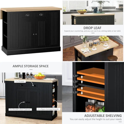 Fluted Wooden Kitchen Island with Drop Leaf, Drawer, and Open Shelves for Countertop Storage