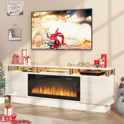 Fireplace TV Stand with 36" Electric Fireplace, 70" LED Light Entertainment Center with Storage,2 Tier Modern Wood Media TV Console