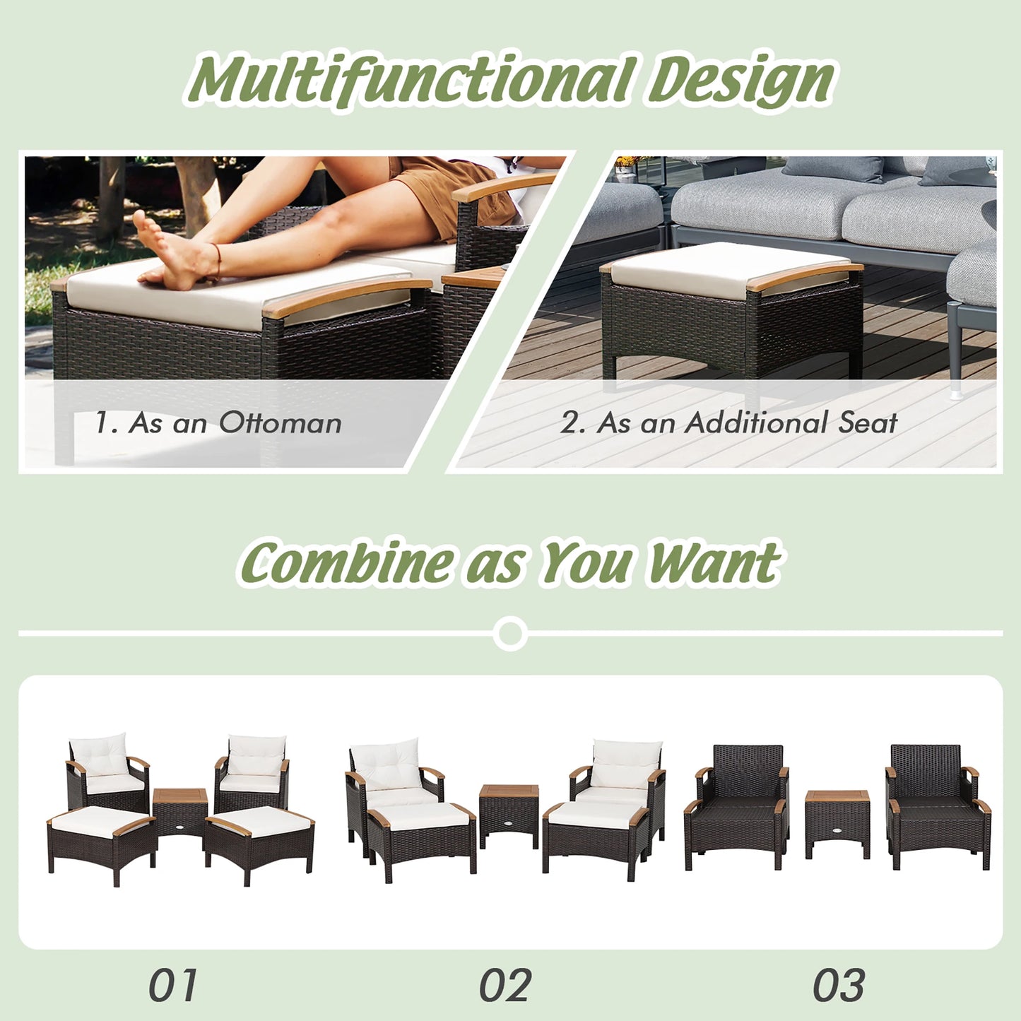 5PCS Patio Rattan Furniture Set, Sofa Ottoman Cushioned, Table W/Wood Top