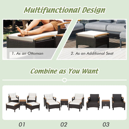 5PCS Patio Rattan Furniture Set, Sofa Ottoman Cushioned, Table W/Wood Top