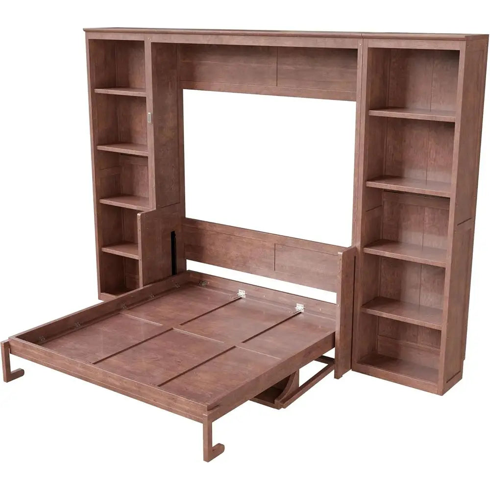 Space-Efficient Queen Murphy Bed with Desk, Bookshelves, and Storage in Dark Brown Wood
