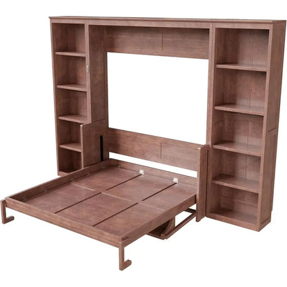Space-Efficient Queen Murphy Bed with Desk, Bookshelves, and Storage in Dark Brown Wood