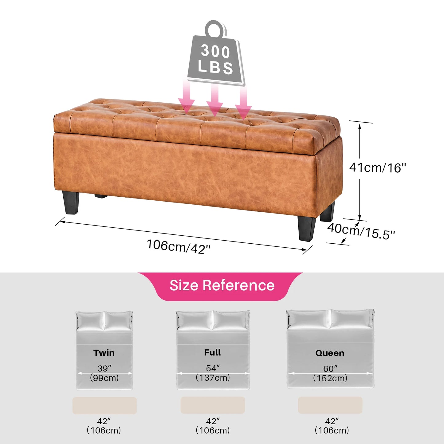 42'' Storage Ottoman Bench, Tufted Entryway Bedroom Bench Footrest Stool w/ Flipping Lid Safety Hinge 66 L Storage Space