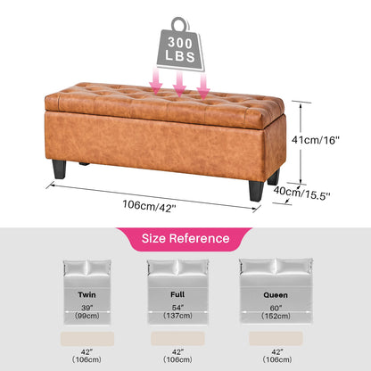 42'' Storage Ottoman Bench, Tufted Entryway Bedroom Bench Footrest Stool w/ Flipping Lid Safety Hinge 66 L Storage Space
