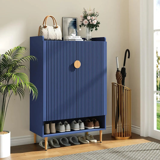 6-Tiers Shoes Cabinet with Fluted Doors, Wood Shoes Rack with Adjustable Shelves