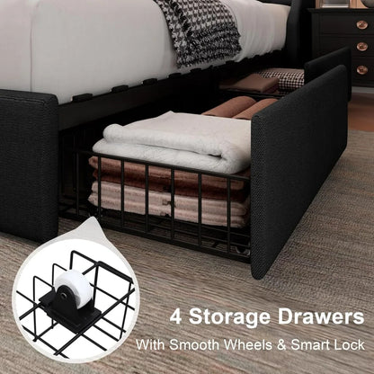 "black full-size bed with wingback headboard and storage drawers"