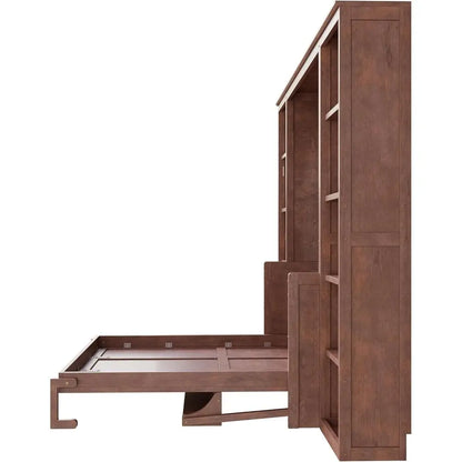 Space-Efficient Queen Murphy Bed with Desk, Bookshelves, and Storage in Dark Brown Wood