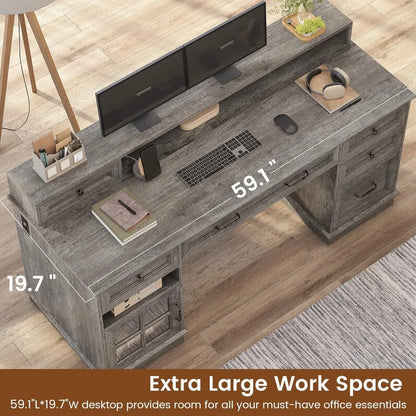 Farmhouse Executive Desk with Drawers Computer Desk with File Drawers, Power Outlet and Led Lights, Executive Office Desk