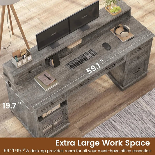 Farmhouse Executive Desk with Drawers Computer Desk with File Drawers, Power Outlet and Led Lights, Executive Office Desk