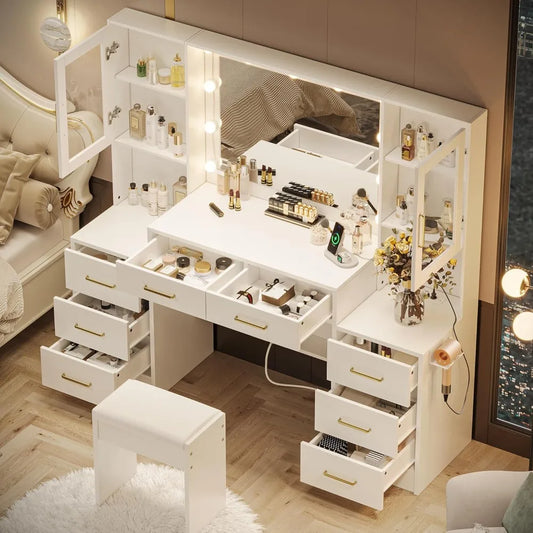 58.3 Large Vanity Desk with Mirror & Lights, Makeup Vanity with 10 LED Lights, 8 Metal Sliding Drawers & 2 Cabinets