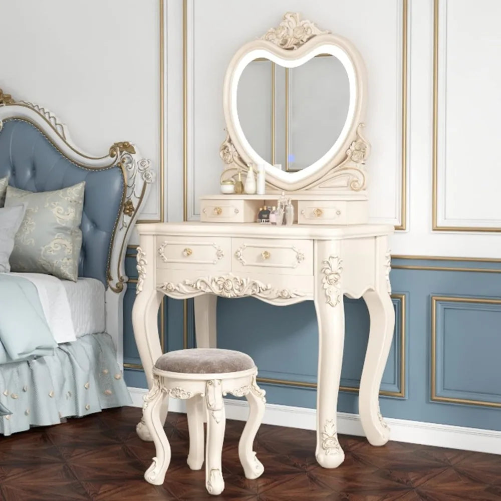 LED Makeup Vanity Desk with 3-Color Light Mirror, Storage Drawers & Stool, White Dressing Table