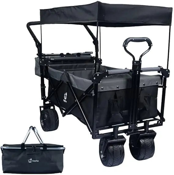 Heavy-Duty Collapsible Folding Wagon with Removable Cover, 4 Large All-Terrain Wheels, Brake, and Adjustable Handle