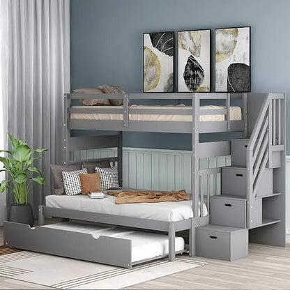 Stairway Twin Over Twin/Full Bunk Bed with Twin Size Trundle and Drawers, Solid Wood Bunk Bed, Staircase