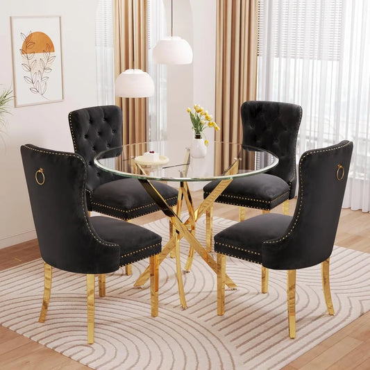 Glass Dining Table Set, 5-Piece Round Tempered Glass Kitchen Table Set with 4 Velvet Upholstered Dining Chairs