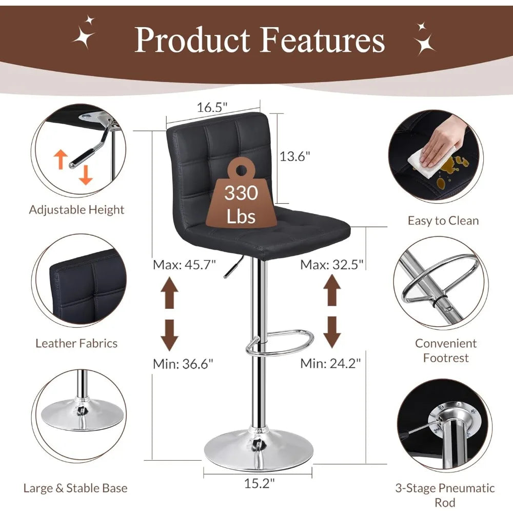 Set of 4 Adjustable Swivel Barstools, Modern PU Leather Kitchen Counter Bar Stools, Square Back Bar Stool