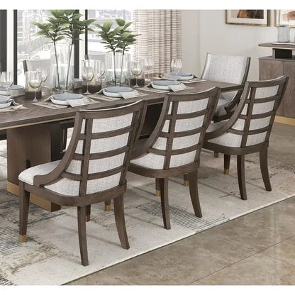 9-Piece Dining Set with Extension Table and 8 Armchairs, Upholstered Kitchen Furniture with Gold Tipping.