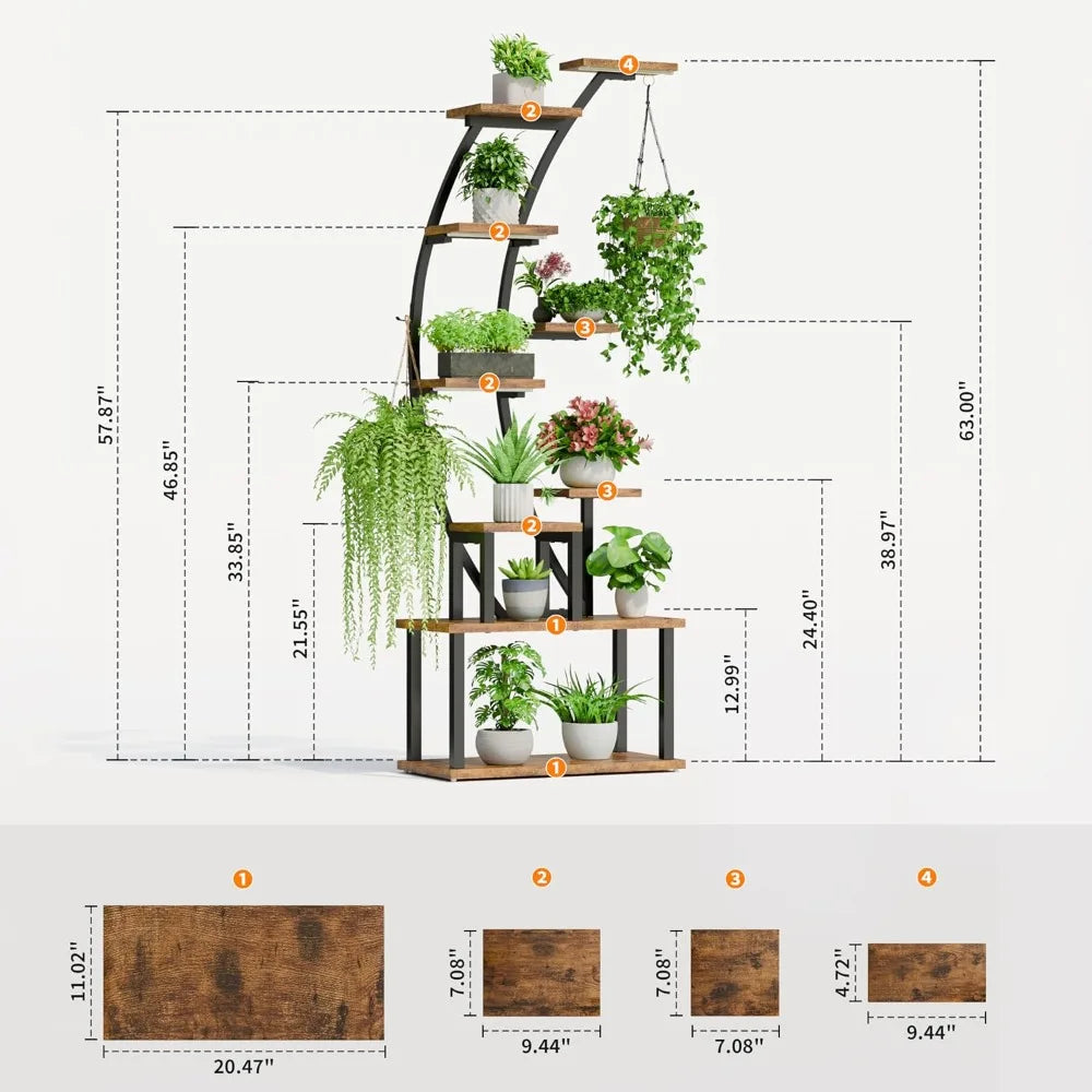 Plant Stand Indoor with Grow Lights, 9 Tiered Metal Plant Shelf, 63" Tall Plant Stand for Indoor Plants
