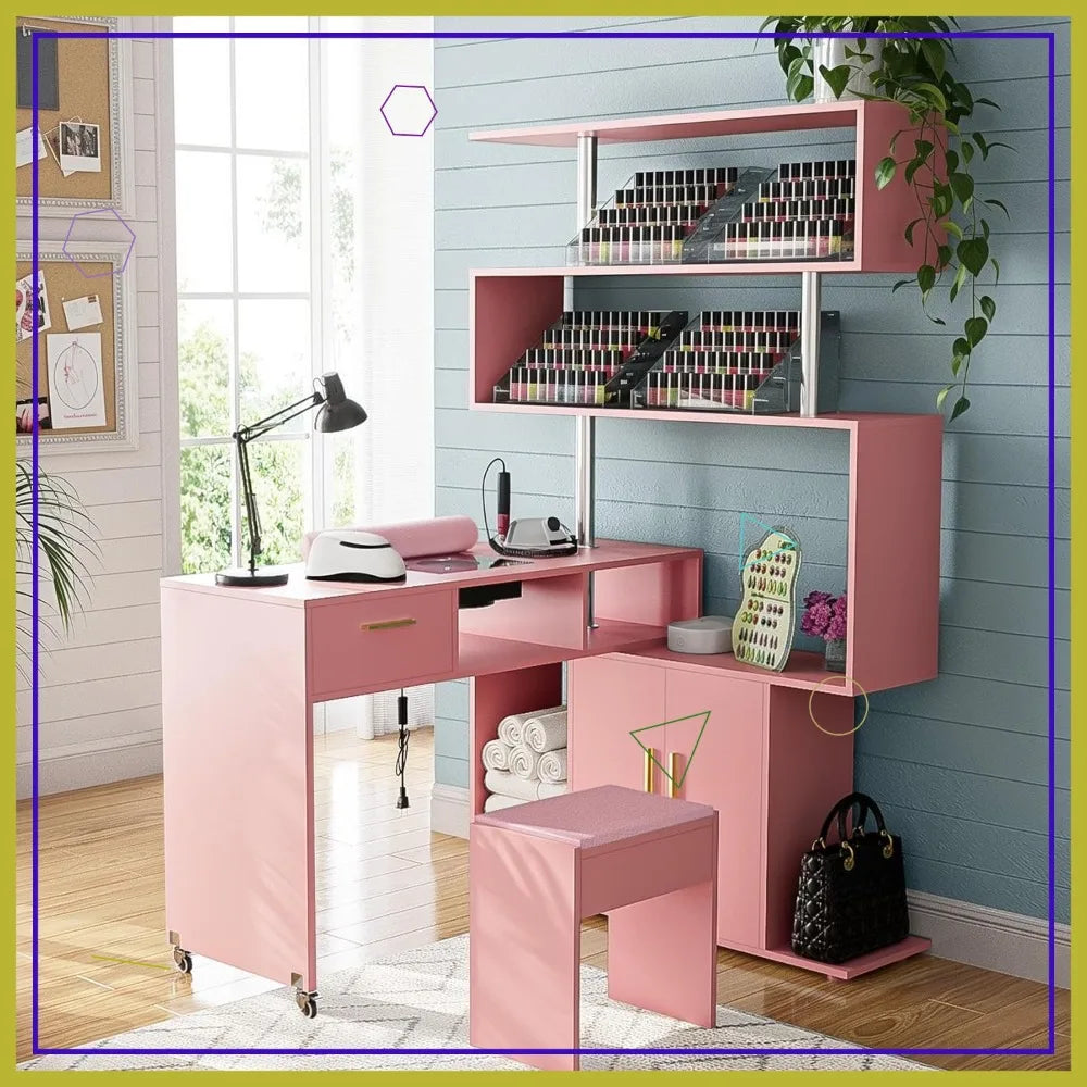 L-Shaped Nail Desk with Dust Collector, Rotating Workstation, Storage Shelves & Stool (Pink)