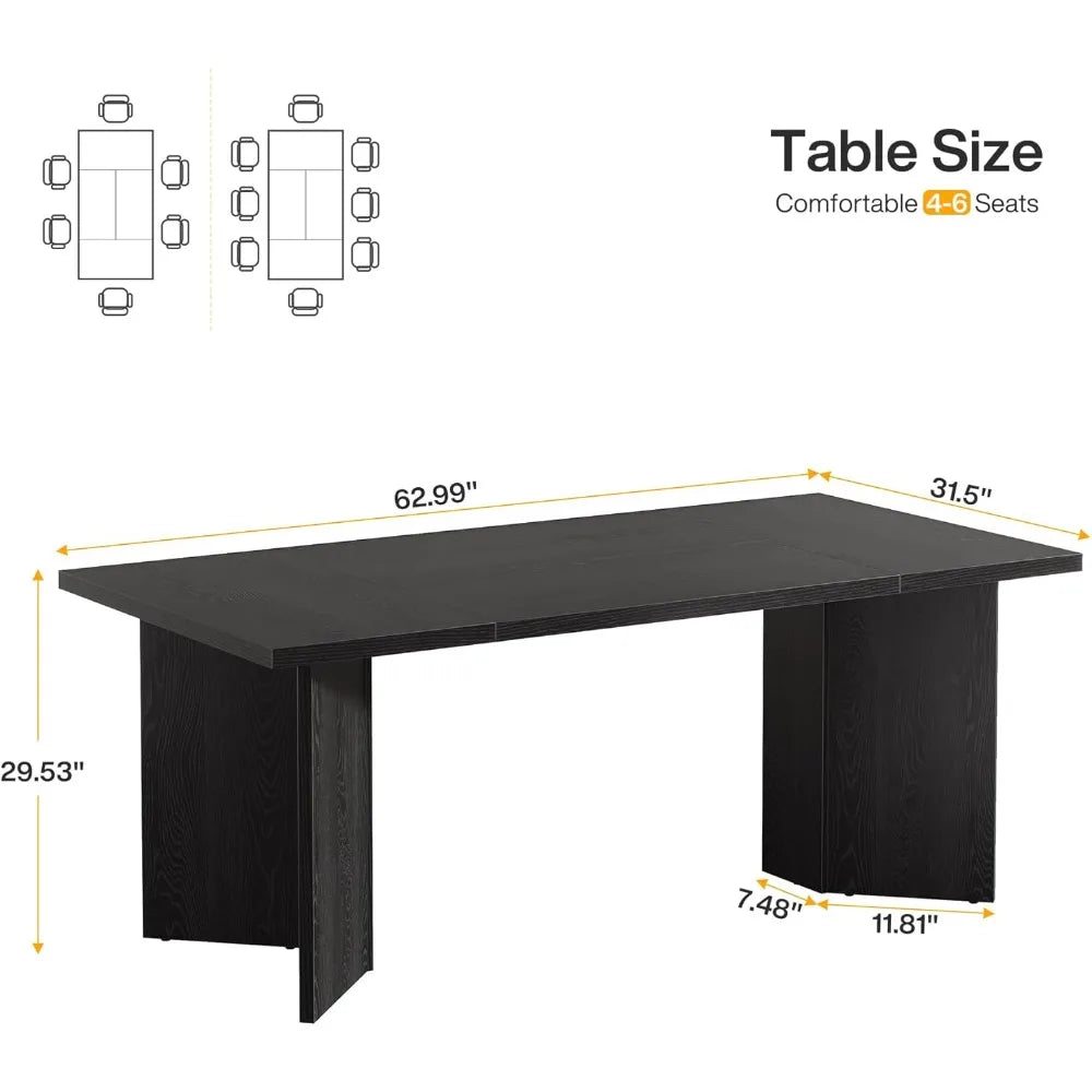 63-Inch Dining Table, Large Kitchen Table with Thickened Wood Base, Rectangular Wooden Table
