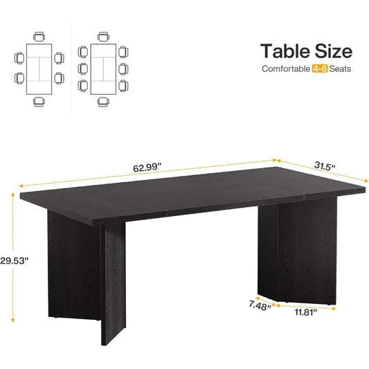 63-Inch Dining Table, Large Kitchen Table with Thickened Wood Base, Rectangular Wooden Table
