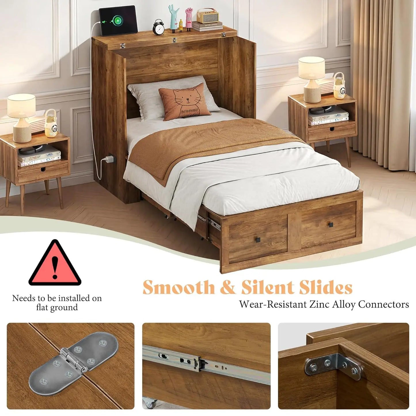 Twin Murphy Bed Cabinet with Storage Drawer, Farmhouse Foldable Platform Bed for Home Office