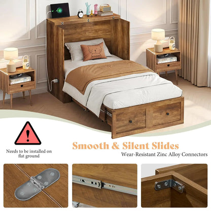 Twin Murphy Bed Cabinet with Storage Drawer, Farmhouse Foldable Platform Bed for Home Office