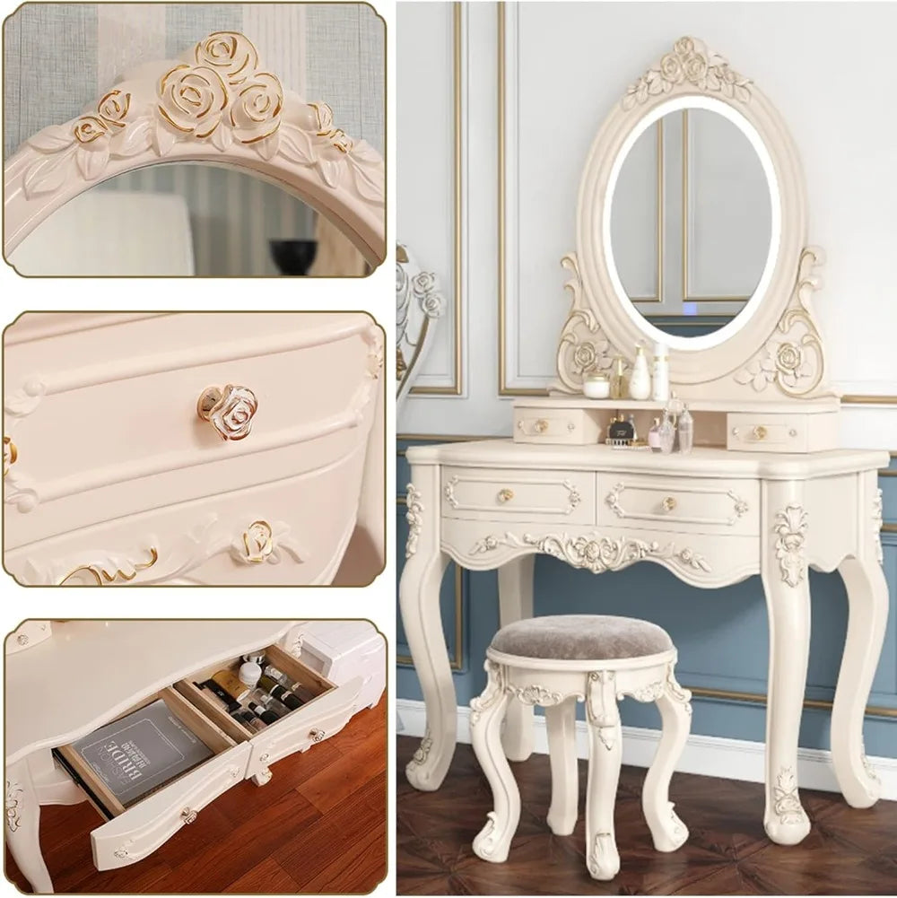 LED Makeup Vanity Desk with 3-Color Light Mirror, Storage Drawers & Stool, White Dressing Table