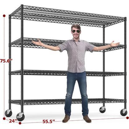 REIBII 75.6 H Storage Shelves 2500LBS Metal Shelving Unit with Wheels Garage Shelving Heavy Duty Wire Shelves for Storage Rack A