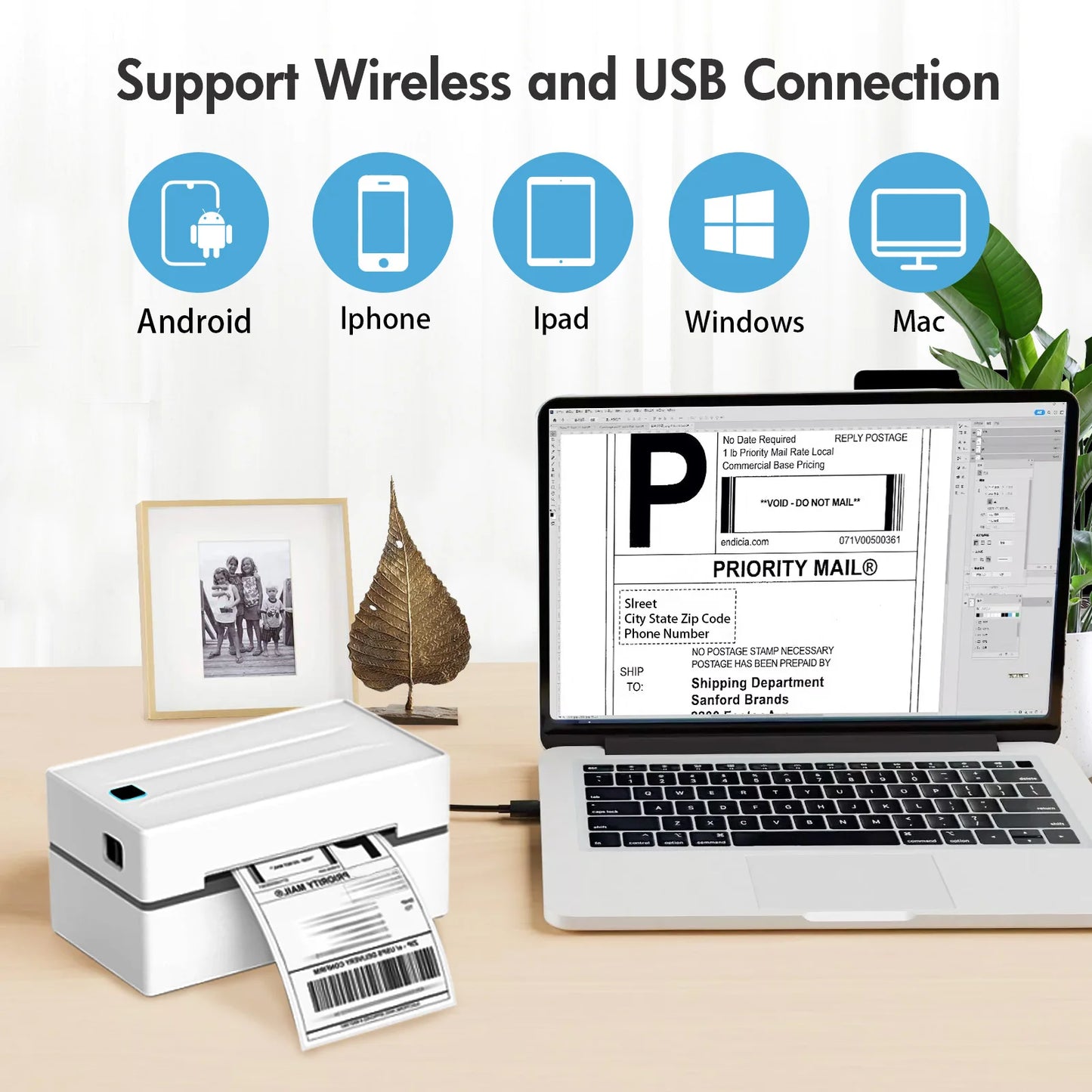 Thermal Label Printer, Portable, No Ink, WiFi, Bluetooth, USB