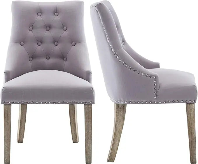 Dining Chair Beige Fabric Leisure Padded Ring Chair, Nailed Trim, Set of 2