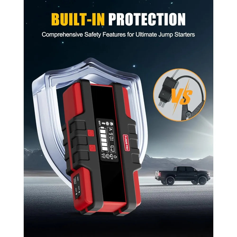 Portable Car Jump Starter, 12L Diesel Engines with 40W Fast Charging Smart LCD Display and Red Warning Light