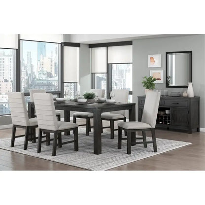 7-Piece Antique Black Dining Set with Table & 6 Gray Upholstered Chairs