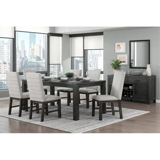 7-Piece Antique Black Dining Set with Table & 6 Gray Upholstered Chairs
